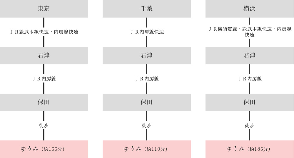 電車でのルート図：東京・千葉・横浜からJR内房線保田駅経由でゆうみまで